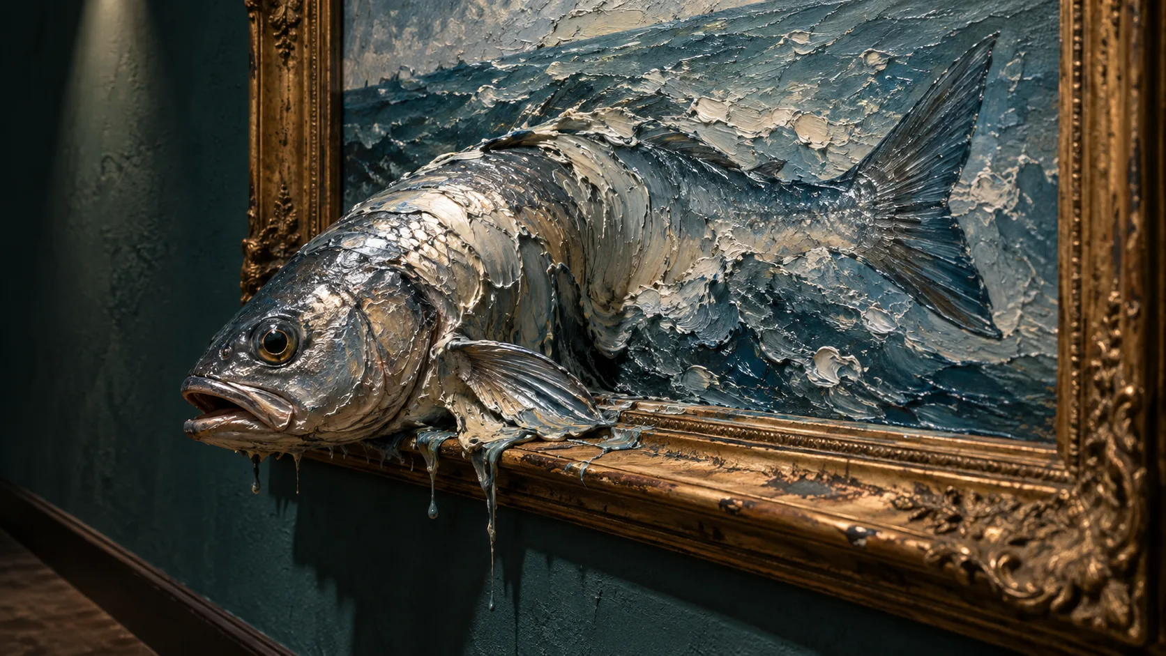 A silver fish made of heavy impasto strokes climbs out of its gilt-framed seascape onto the ledge, paint dripping down the wall beneath it. The sea stays put.