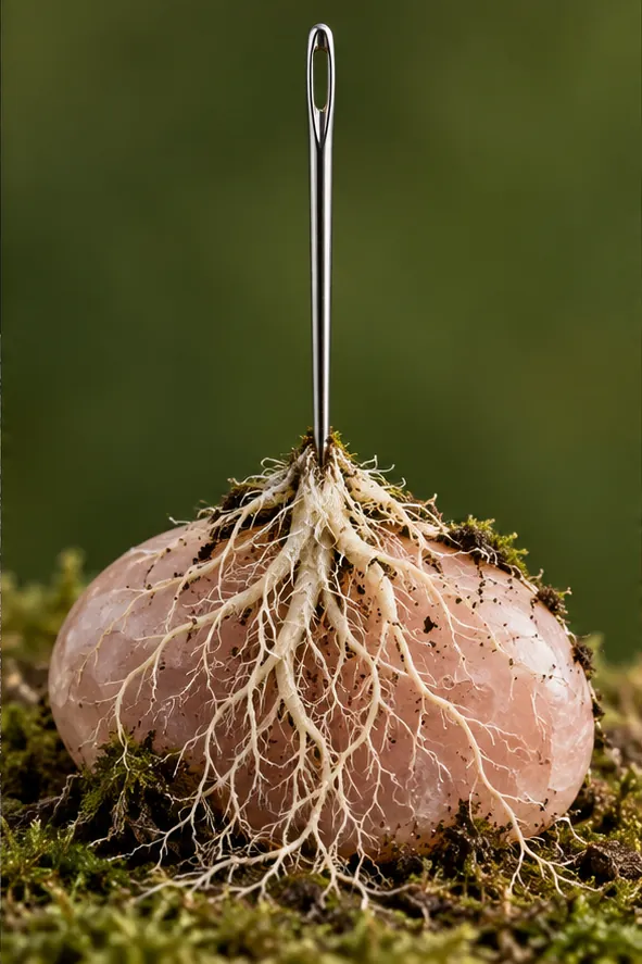 A silver sewing needle stands upright on a pale pink stone, pale roots spreading from it over the rock and into the moss. It has stopped waiting for thread.