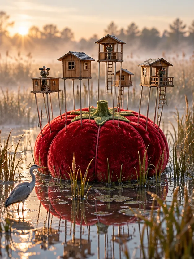A red tomato pincushion sits in a misty marsh with little wooden houses standing on its pins, and a heron wading below.