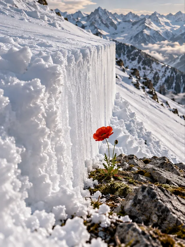 A wall of tumbling snow freezes in place on a mountainside, curling carefully around a single red poppy growing from the rocks. Nobody wanted to be rude.