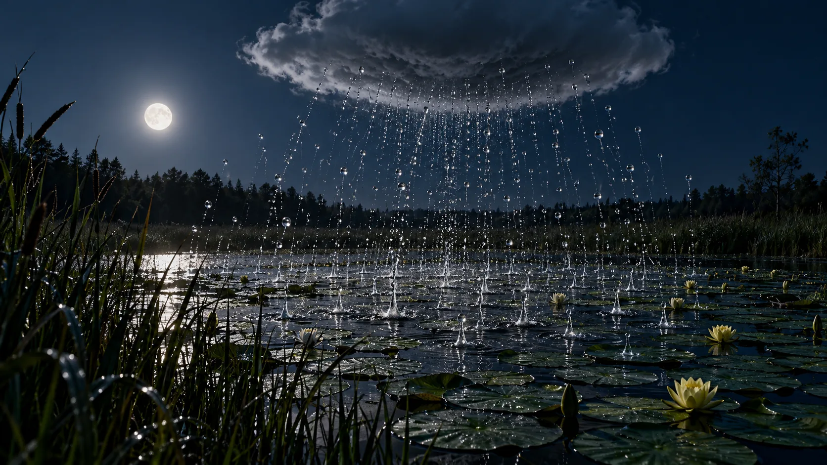 Under a full moon, a lily pond shoots its water upwards in hundreds of thin streams into a single dark cloud hanging over it. The cloud wanted it back.