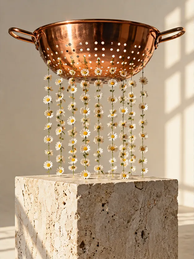 A copper colander hangs over a stone plinth in soft light, strings of tiny daisies falling through its holes.