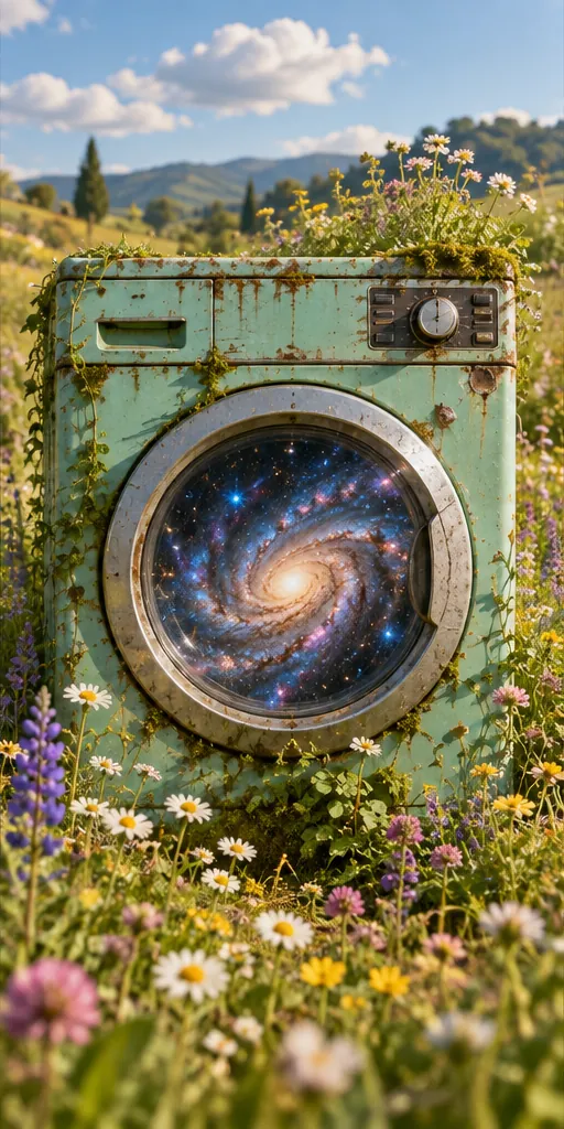 A mint-green washing machine sits in a wildflower meadow, a whole spiral galaxy turning slowly behind its door.