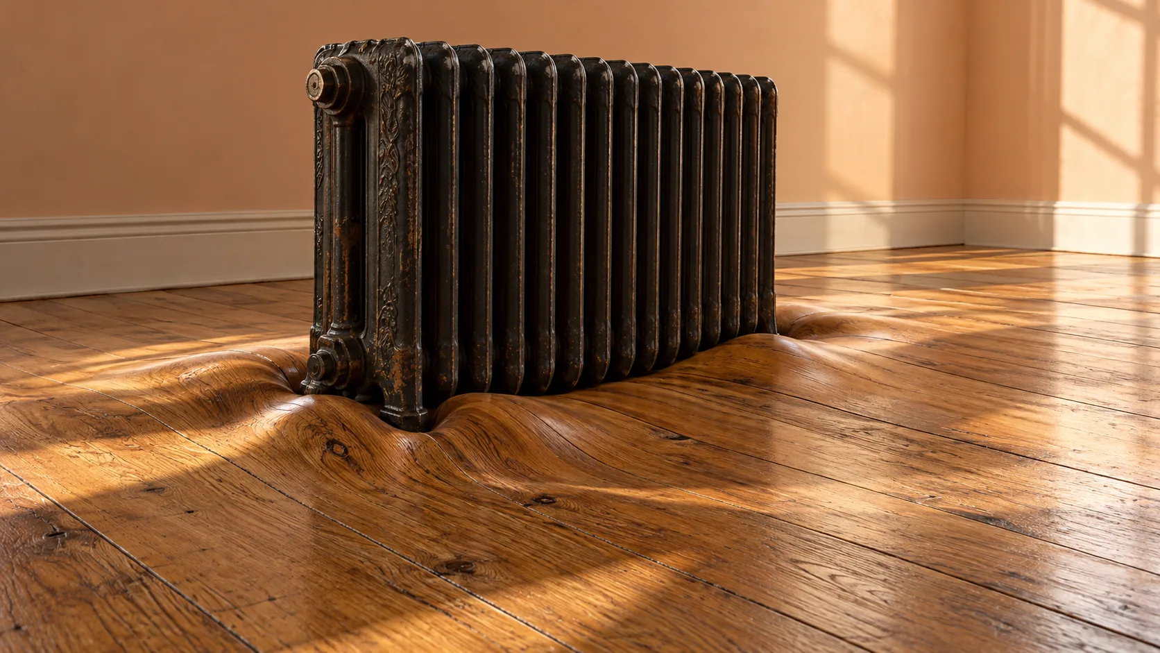 An old cast-iron radiator sits on a sunlit oak floor that has gone soft beneath it, the boards sagging like a mattress. Central heating, slowly sinking.