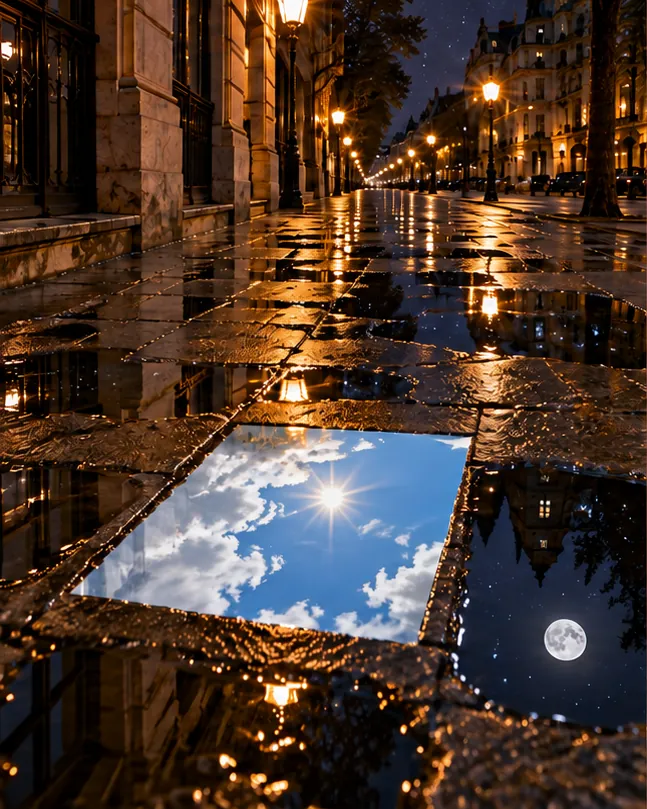 On a wet city street at night, one puddle holds a bright midday sky with clouds and sun, while the next one over still shows the moon.
