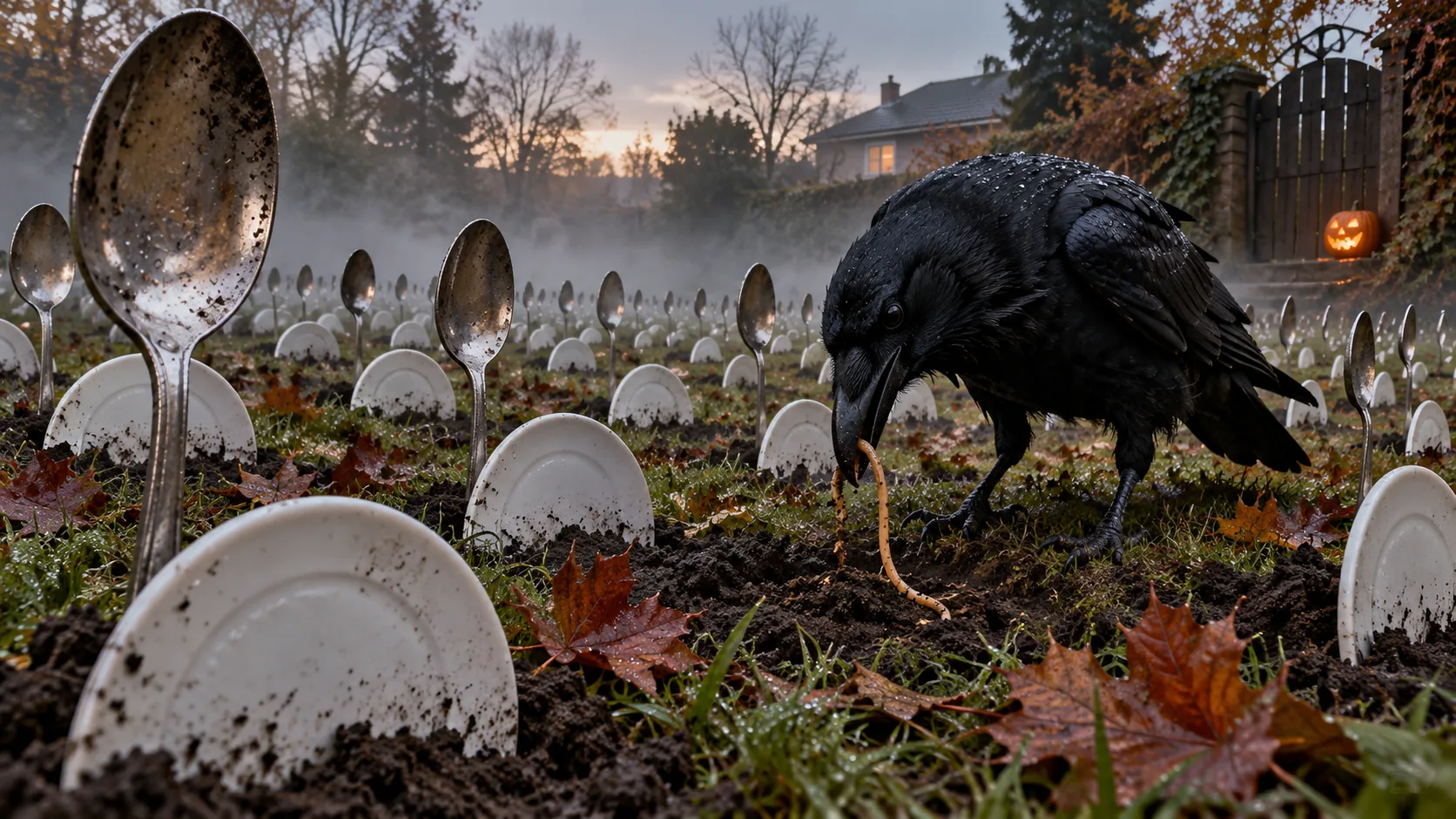 A misty field is a graveyard where white plates stand in the soil as headstones beside tall planted spoons, and a large black raven digs up a worm in the front row. The forks are buried elsewhere.