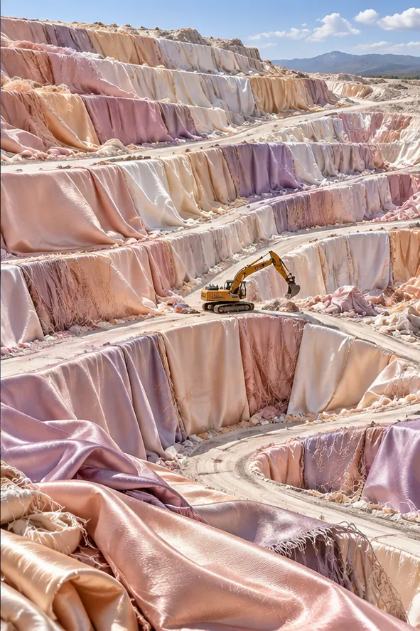 An open-pit quarry where the terraces are layers of pink and lilac satin, with a tiny digger at work.