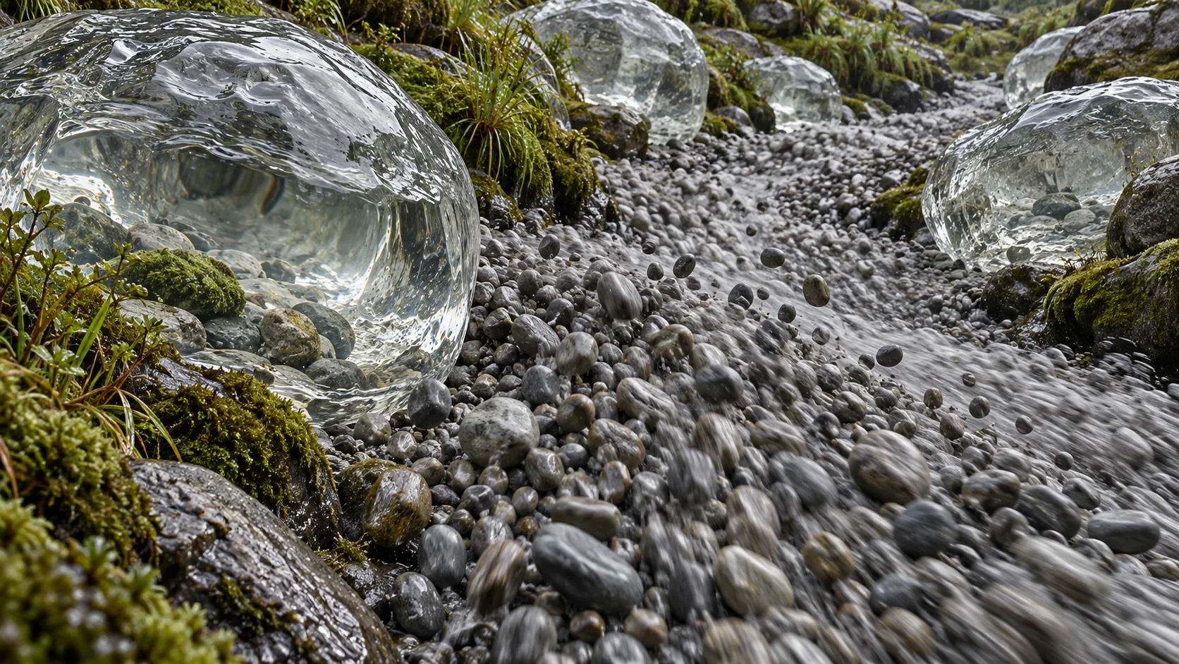 Between mossy banks, a river of grey pebbles rushes downstream like water, while clear boulders made of water sit still along its edges. They have swapped jobs.