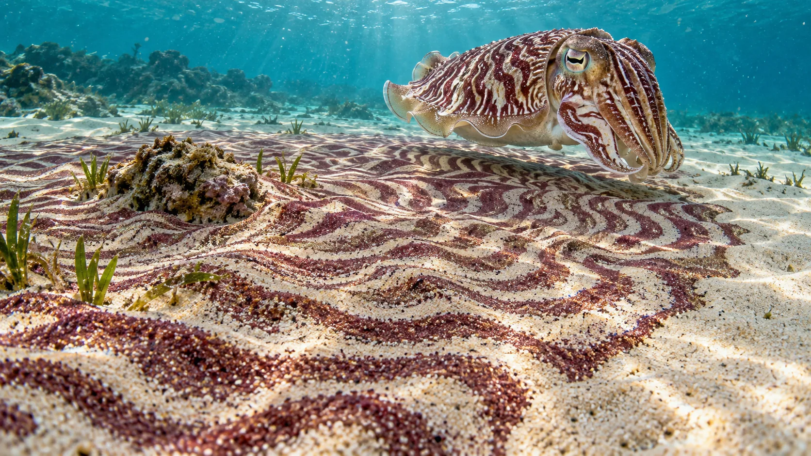 A striped cuttlefish swims over clear shallow water, and the sandy seabed below has rearranged itself into the same purple-and-white stripes. For once, the background is doing the work.