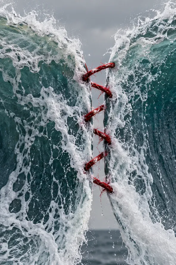 Two crashing walls of ocean are laced together down the middle with red cord, like a seam holding the sea shut.