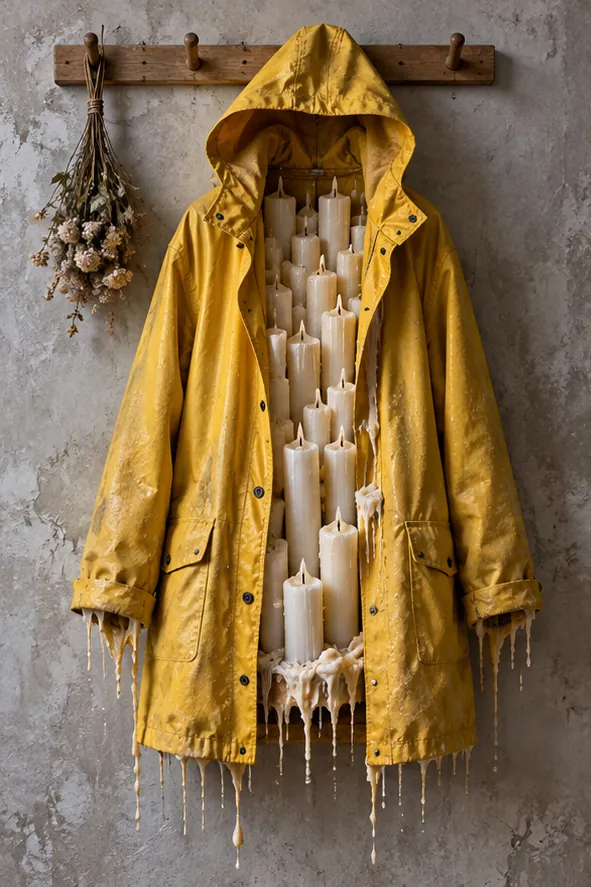 A yellow raincoat hangs on a wooden peg rail, packed inside with white pillar candles that drip wax from its hem. Warm, technically.