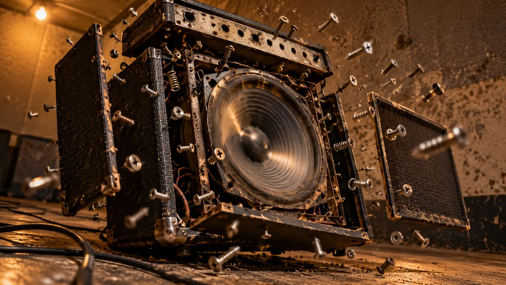 In a dim room, a speaker cabinet comes apart in mid-air, screws backing out on their own and panels drifting away. It turned itself up too far.