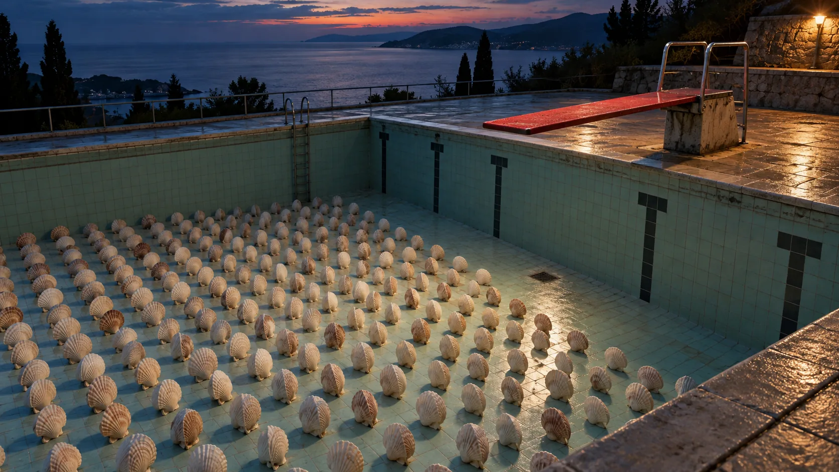 Rows of scallop shells sit in neat lines on the floor of a drained hillside pool at dusk, facing a red diving board. The show is late, but nobody is leaving.