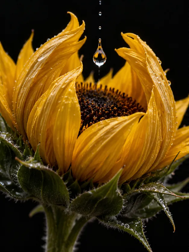 A sunflower glistening with water opens against a black background as a single drop falls from a thin thread of droplets above it.
