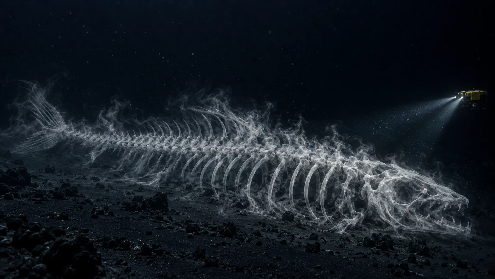 On the black deep-sea floor, an enormous fish skeleton made of white wisps like smoke lies across the sediment, lit by a small yellow submersible. One good breath would finish it.
