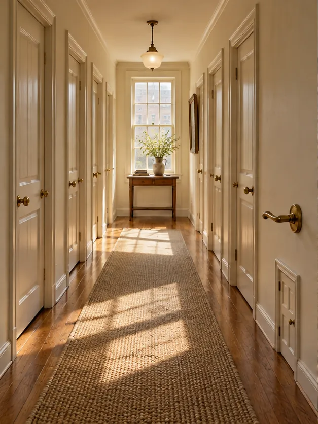 A long, sunlit hallway of white doors, with one tiny door set low in the wall at the end of the skirting. Nobody has the key, which is suspicious.