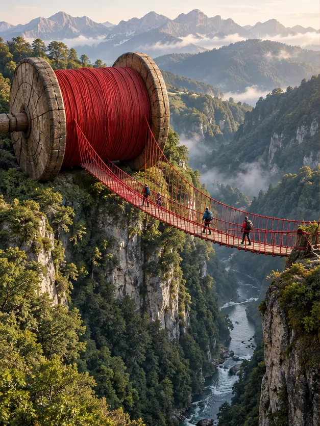 A giant spool of red thread unwinds into a rope bridge across a misty mountain gorge, with hikers on their way over.