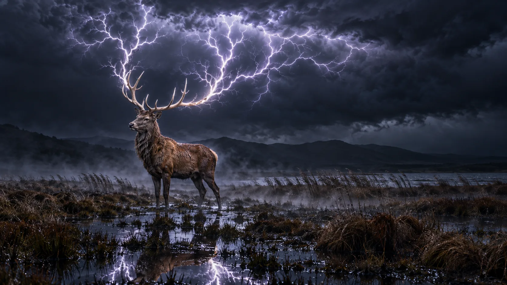 On a flooded moor at night, a stag stands still while lightning branches out of the storm clouds in the exact shape of its antlers. It is not grounded.