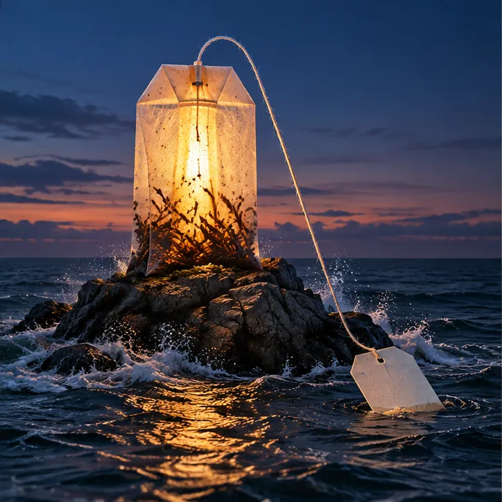 A glowing teabag stands on a rock in a dark sea, its string and paper tag trailing into the waves.