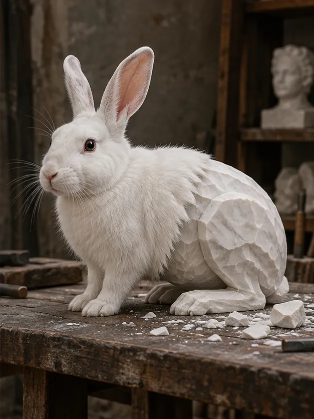 A white rabbit sits on a sculptor's bench, soft fur at the head and rough chiselled marble towards the tail, chips scattered around it. The artist stepped out for a minute.
