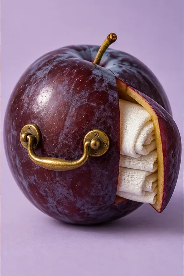 A dark plum on a lilac backdrop has a brass drawer handle fixed to its skin, the fruit opened like a drawer onto neatly folded white linen. The storage is excellent. The plum is confused.