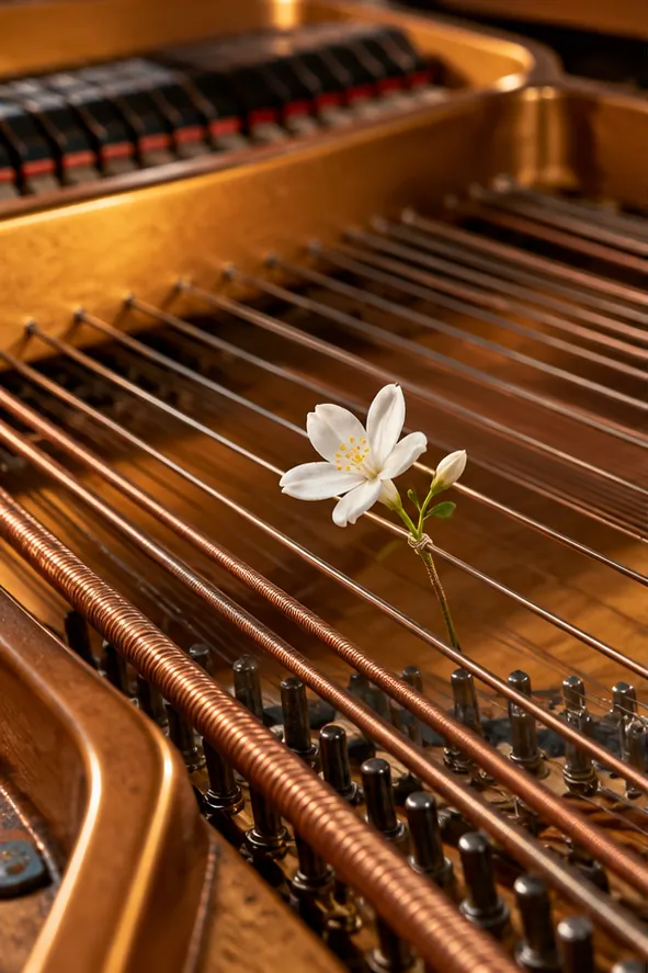A single white flower grows up between the copper strings inside a grand piano. Nobody has had the heart to play that key.