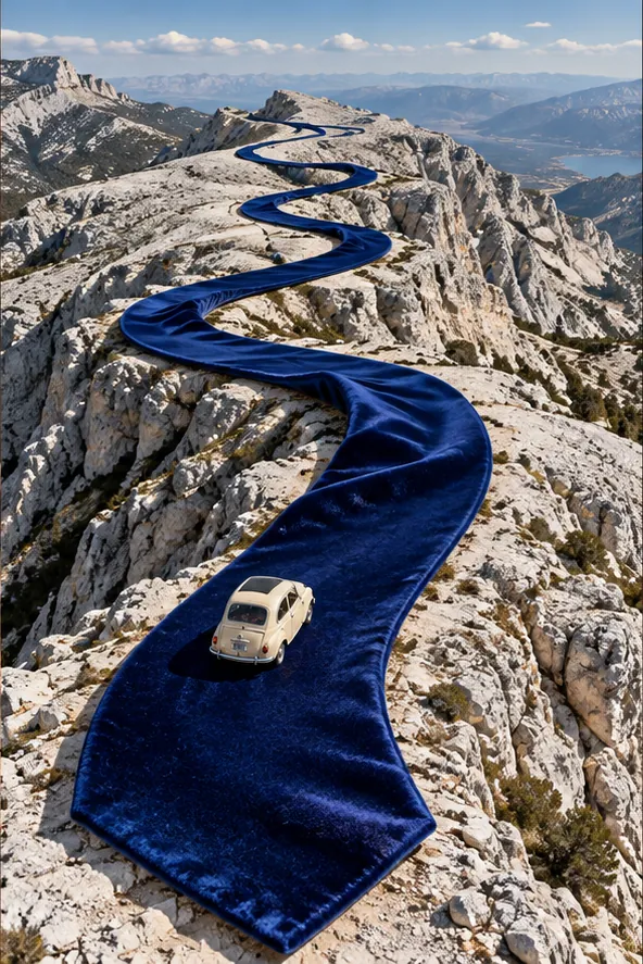 A road of royal-blue velvet ribbon winds over white limestone mountains, with one small car on it.