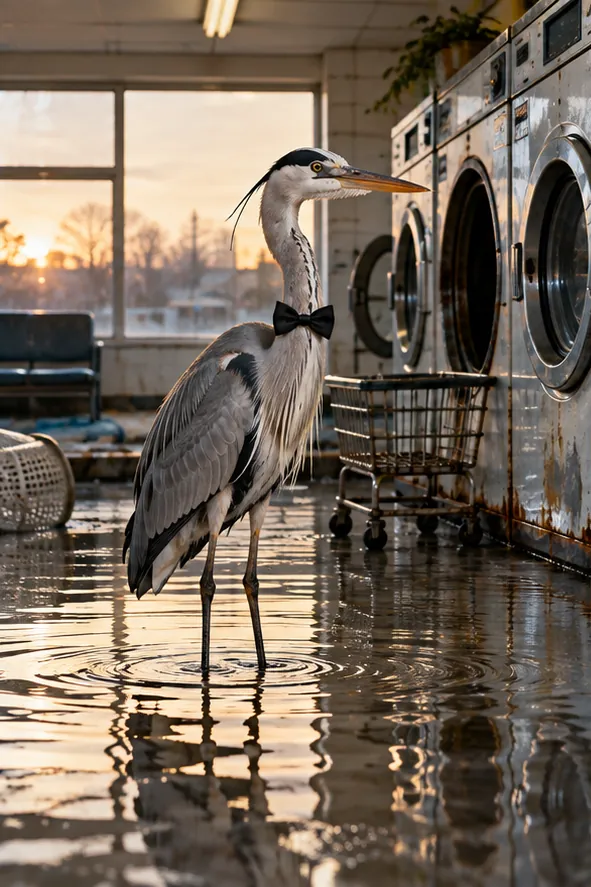 A grey heron in a bow tie wades through a flooded laundromat at sunset, the washing machines lined up beside it. It is waiting for a delicate cycle.