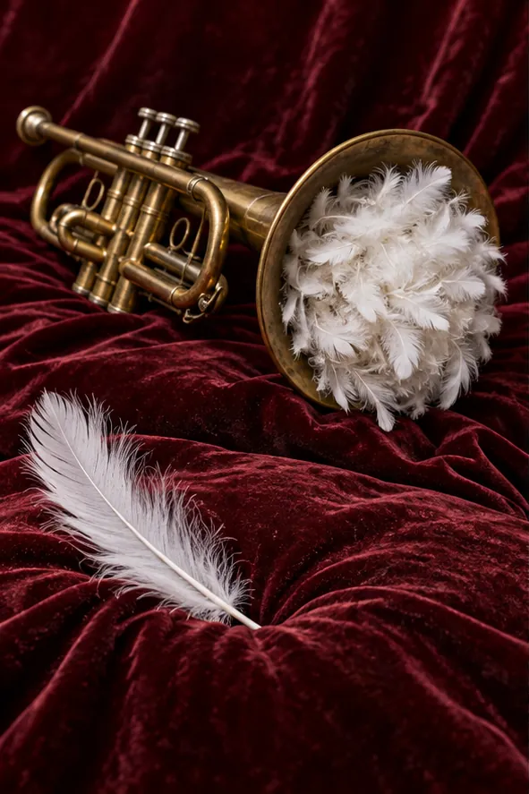 A brass trumpet lies on crimson velvet with its bell stuffed full of white feathers, one more feather resting beside it. Whatever it was going to say, it's keeping it soft.