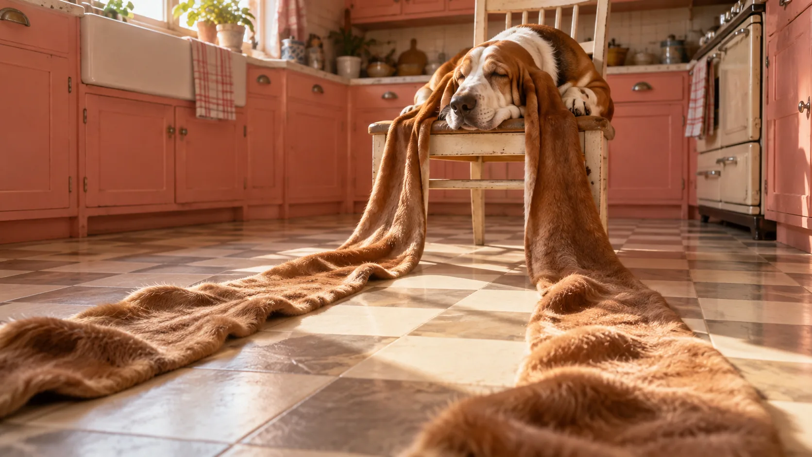 A basset hound naps on a kitchen chair in a pink kitchen while its ears pour off the seat and run across the chequered floor like two long rugs. Sunday, exactly as heavy as it feels.