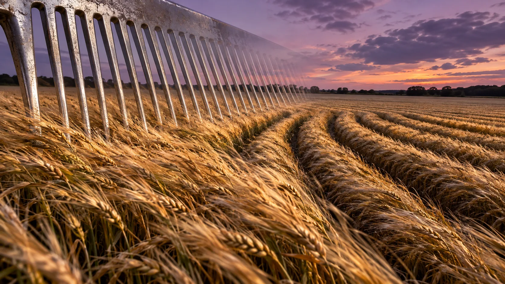 A giant metal comb is drawn across a barley field at sunset, leaving long neat furrows behind it. The field has never looked tidier.