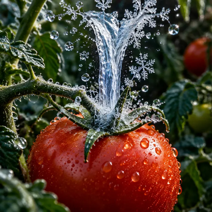 A ripe red tomato on the vine sprouts a spray of icy water and snowflakes from its stem.