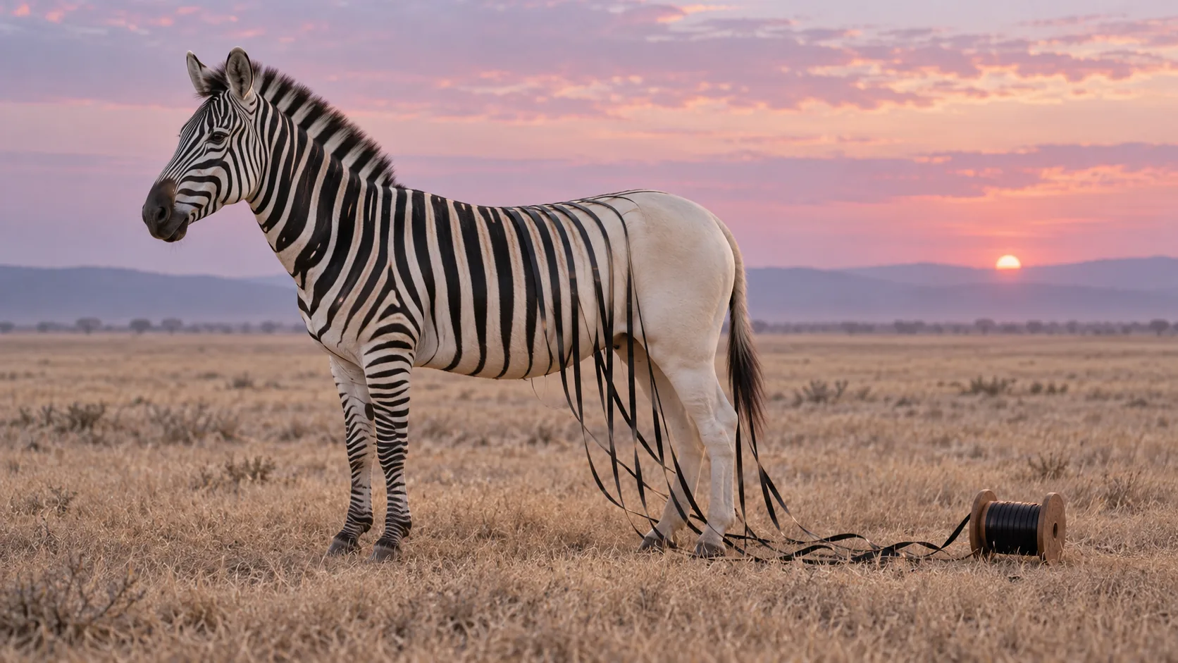 A zebra stands on dry grassland at dusk, its back half still plain white while its stripes unravel into black ribbon that runs to a spool in the grass. Assembly incomplete.