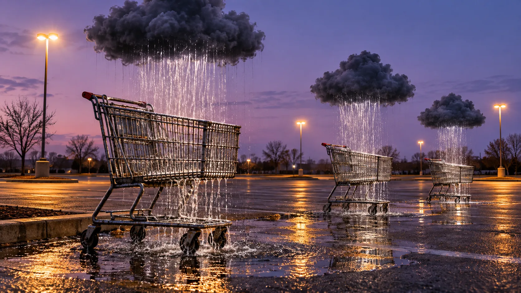 In an empty car park at dusk, three shopping trolleys each stand under their own small rain cloud, rain falling only on them. Nobody is returning them now.