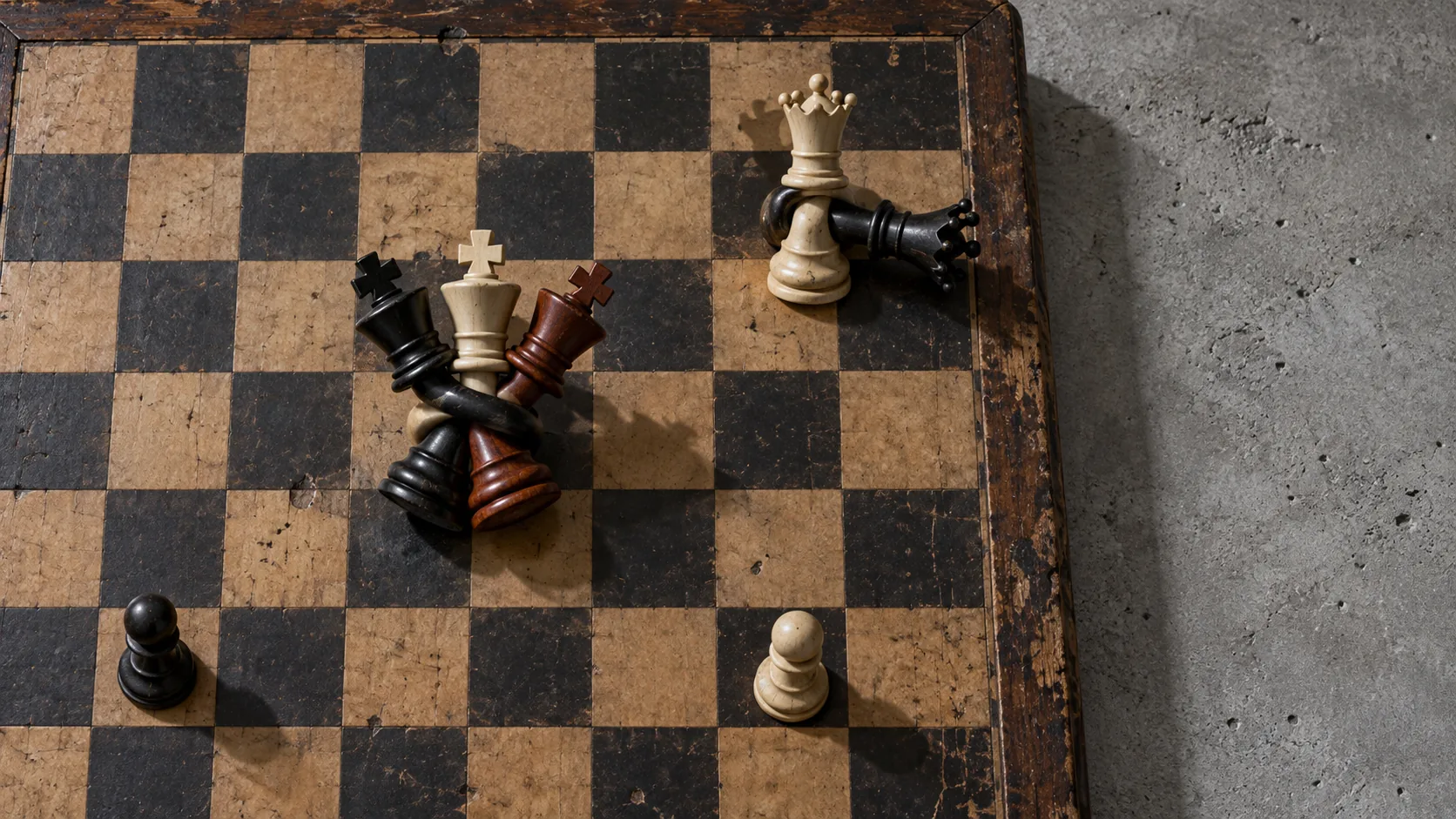 On a worn chessboard, three kings in black, white and brown are tangled together on one square, while a white queen and a black piece wrestle nearby. Nobody knows whose move it is.