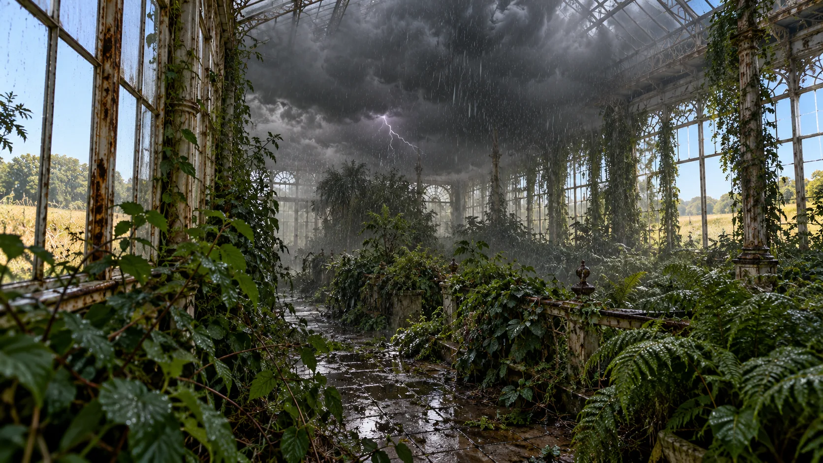 Inside an old overgrown glasshouse, a dark thundercloud fills the roof and rains on the ferns, lightning flickering, while it’s sunny outside. Very well watered.