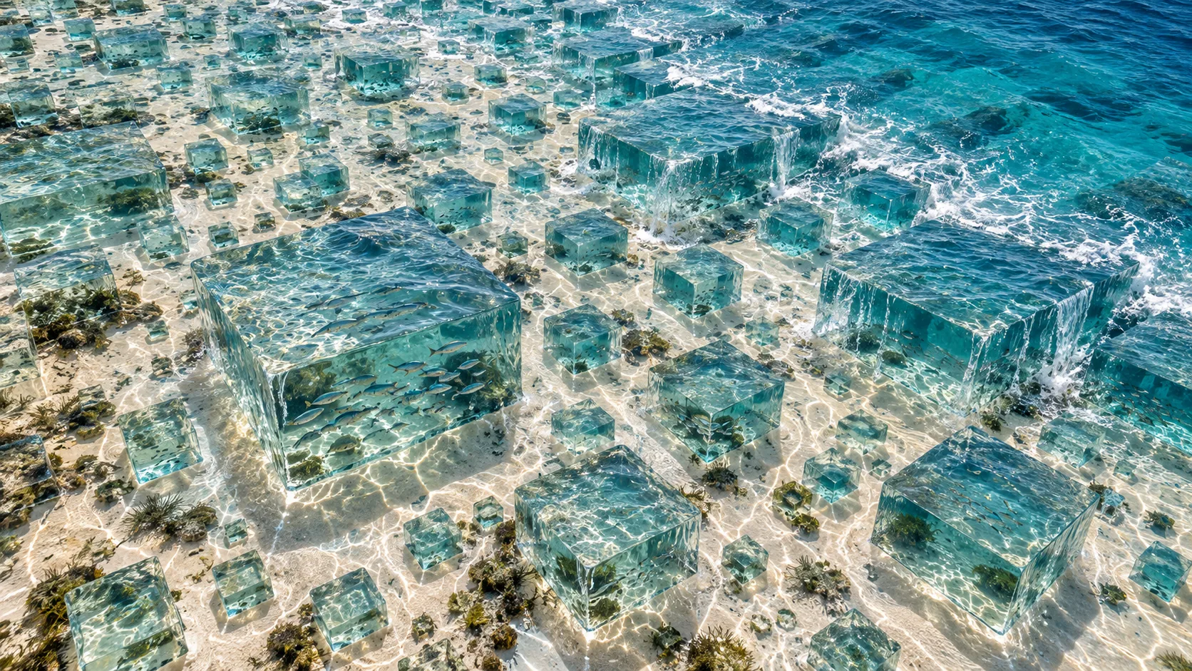 From above, clear turquoise shallows break up into blocks of seawater with straight sides and sharp corners, scattered over white sand. The tide came in, in pieces.