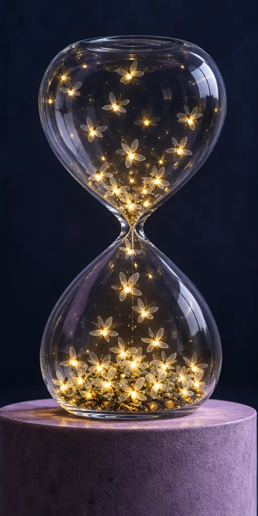 An hourglass on a velvet plinth, filled with tiny glowing butterflies instead of sand. Turn it over and they get going.