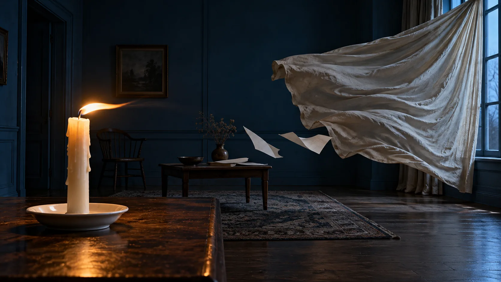 In a dark blue room, a single candle’s flame streams sideways, and across the room a curtain and loose papers fly away from it as if from a gale. The draught is coming from the candle.