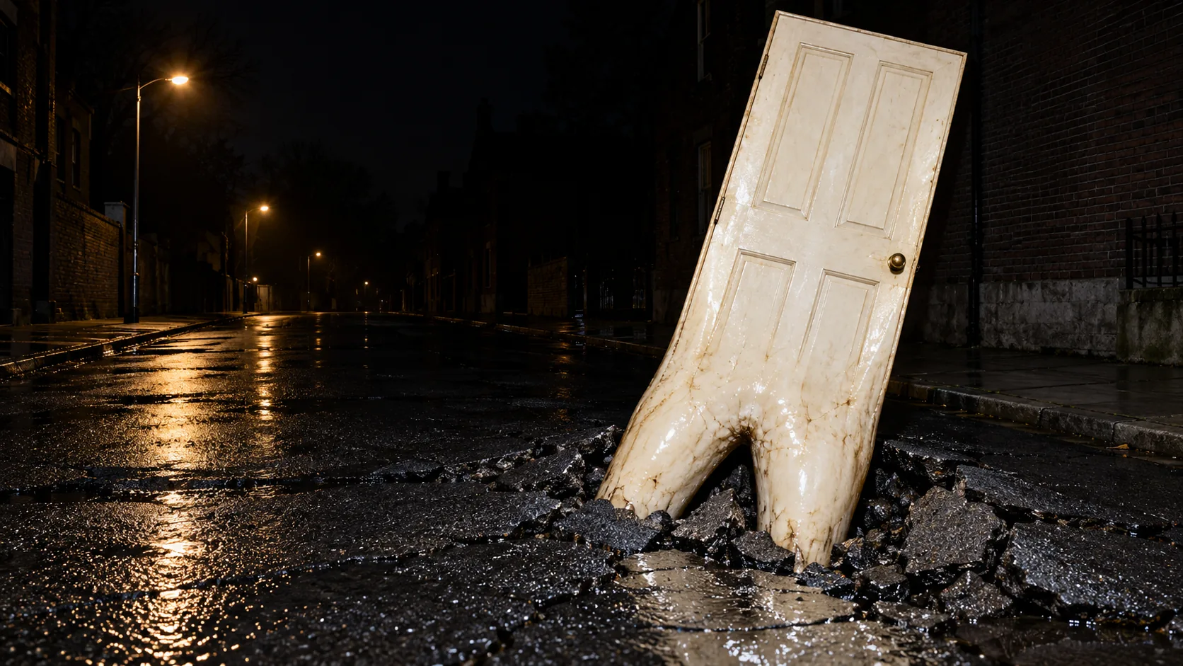 On a wet street at night, a white panelled door pushes up through the cracked asphalt on two roots, like a tooth coming in. The road will be tender for a while.