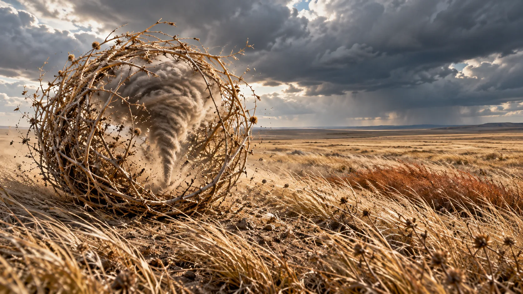 A tumbleweed rolls across a dry prairie with a small spinning tornado caught inside it, a real storm on the horizon. It will be let go somewhere far away.