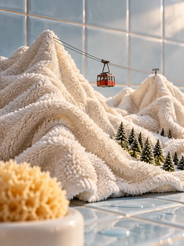 A cable car climbs a mountain range of folded white towels, pine trees and all. The sponge is the foothills.