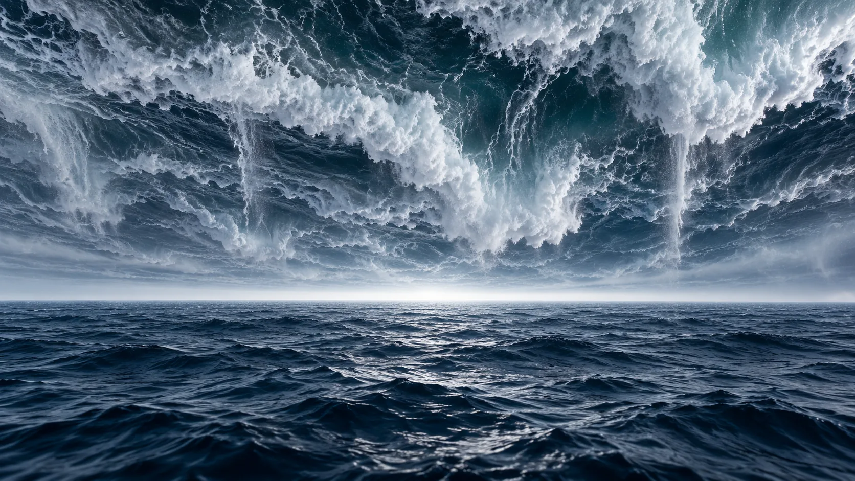 A dark sea stretches to the horizon, and above it a second sea hangs upside down where the sky should be, its waves breaking downward. They meet in a bright line.