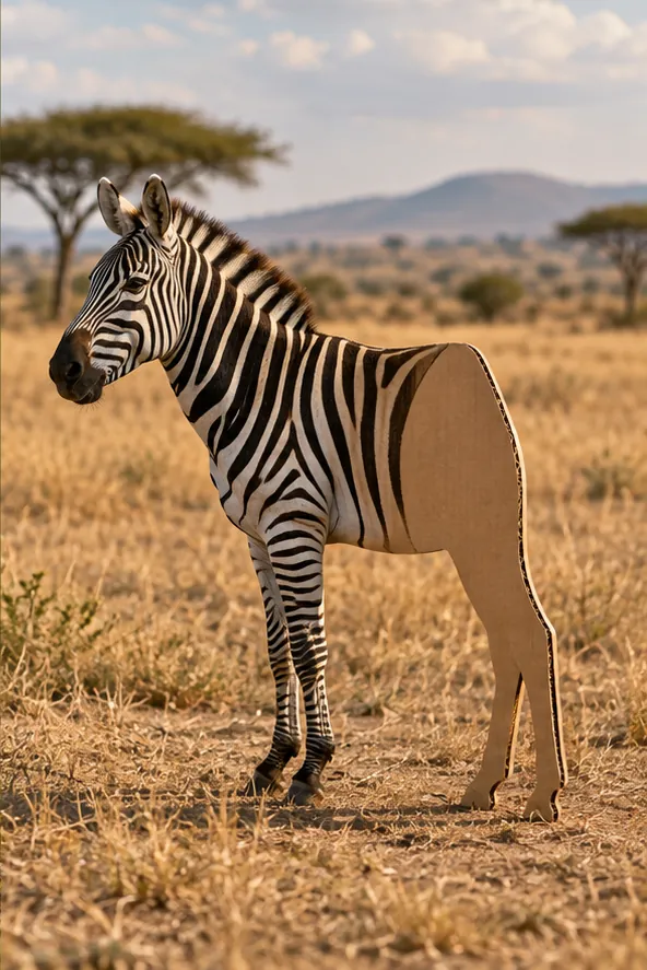 A zebra stands in dry savanna grass, real at the front and flat brown cardboard from the middle back. Budget ran out at the stripes.
