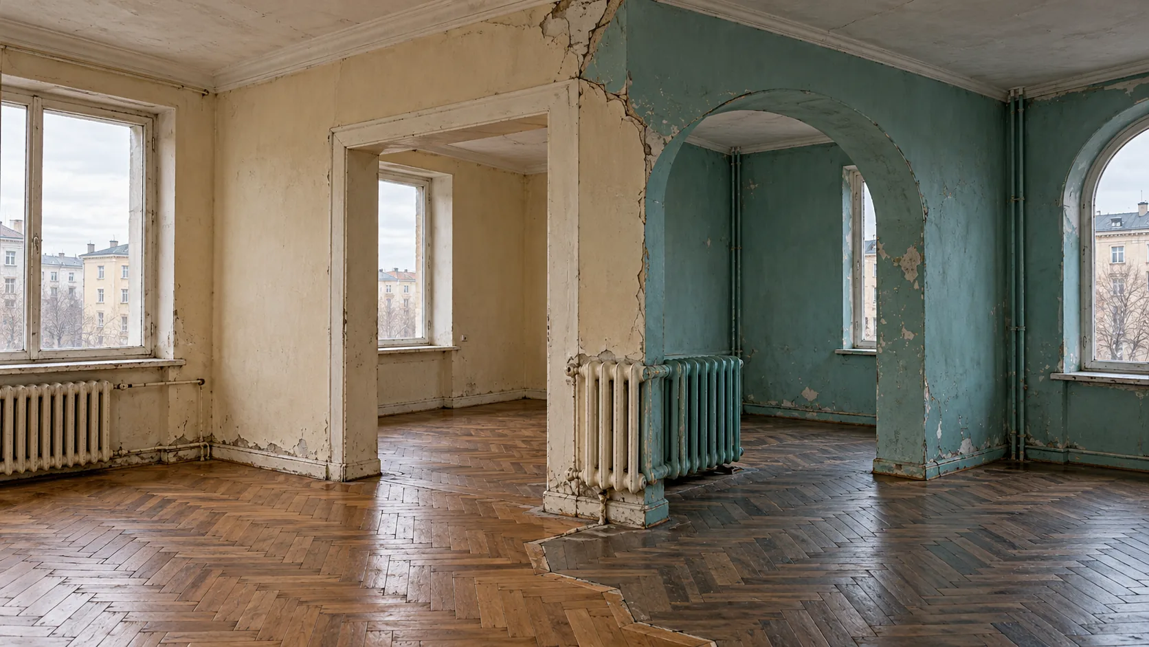 An empty old apartment is split by a jagged seam into two rooms at once, cream walls and square doorways on one side, green walls and arches on the other, with the floor and a radiator spliced down the line. Neither landlord has noticed.