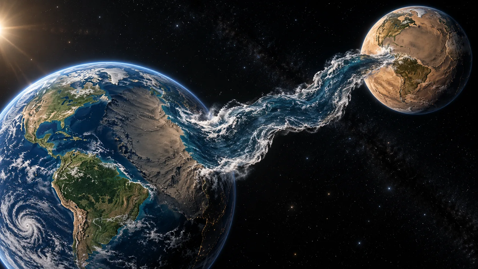 In space, a blue planet pours a long river of ocean across to a dry brown planet with the same coastlines. One of them is doing the watering.