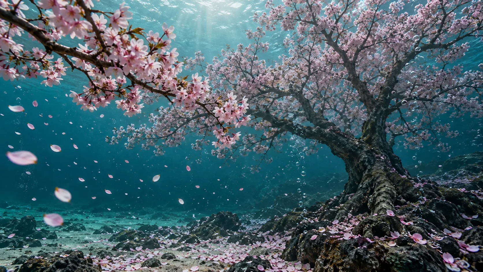 A full cherry tree in pink blossom grows on a rocky seabed, petals drifting through the blue water like small fish. Picnics are difficult.