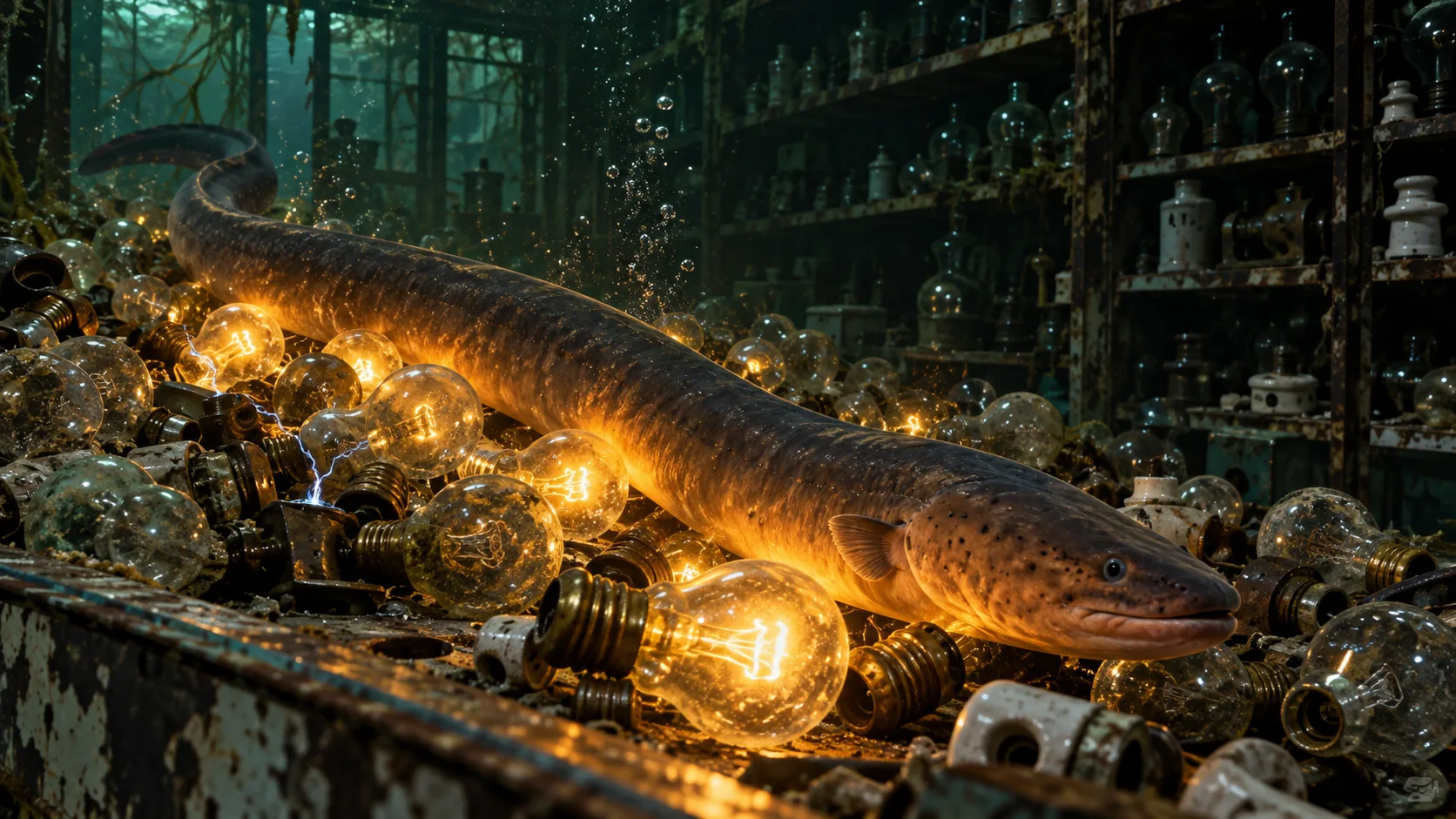 In a sunken storeroom, a long eel glides over a heap of old light bulbs and every bulb it touches lights up warm yellow. The electricity bill is now a fish.