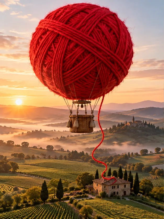 A ball of red yarn floats over misty vineyard hills as a hot air balloon, trailing one long thread back to a farmhouse.