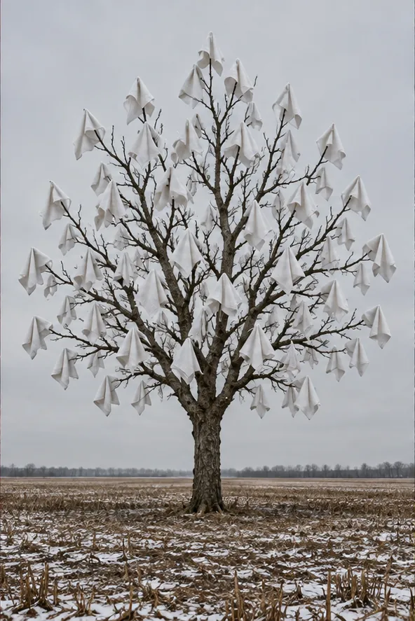 A bare tree in a snowy winter field is hung all over with crisp white napkins folded like leaves. It is dressed for a dinner nobody invited it to.